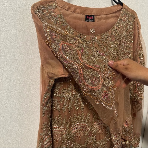 Peach Tan Embroidered 3-Piece Salwar Kameez with Net Dupatta - Picture 5 of 13